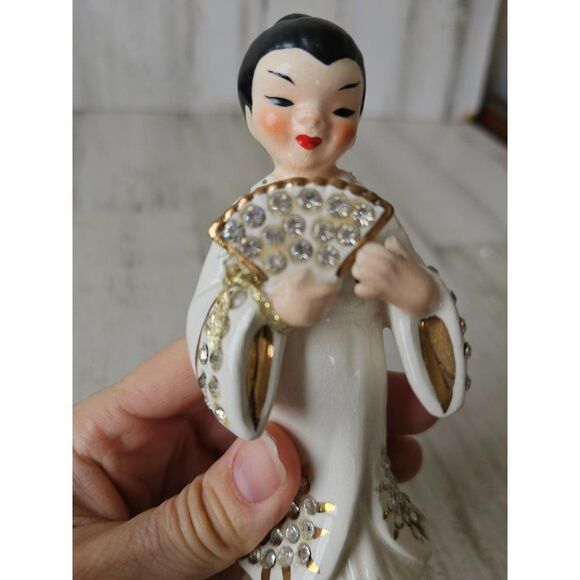 Lefton vintage geisha lady fan statue figurine rhinestone Japanese - Picture 6 of 8